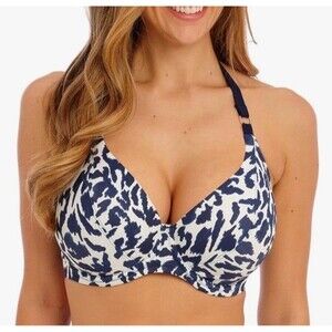 Fantasie Hope Bay Underwire Plunge Halter Bikini Top 32DD White & Blue Coastal